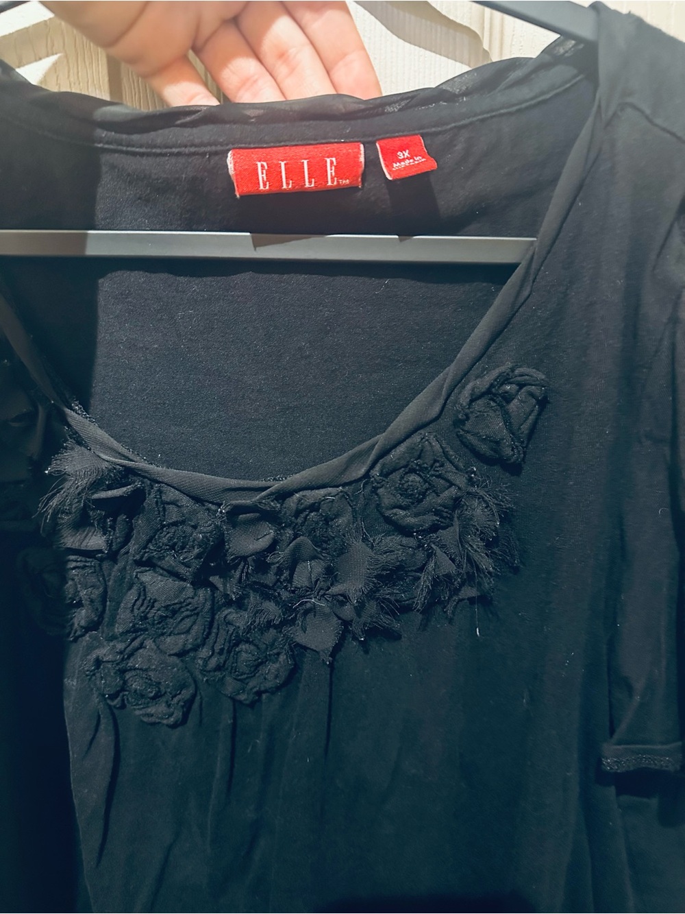 ELLE Black Short Sleeve Top with Floral Rosette Detail